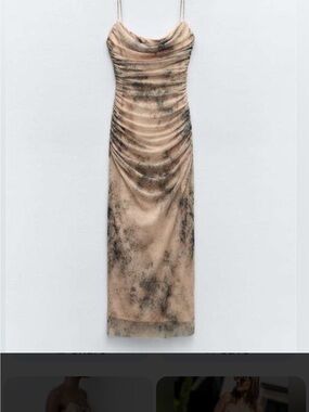 Endless Moon Beige Marble-Print Ruched Slip Maxi Dress